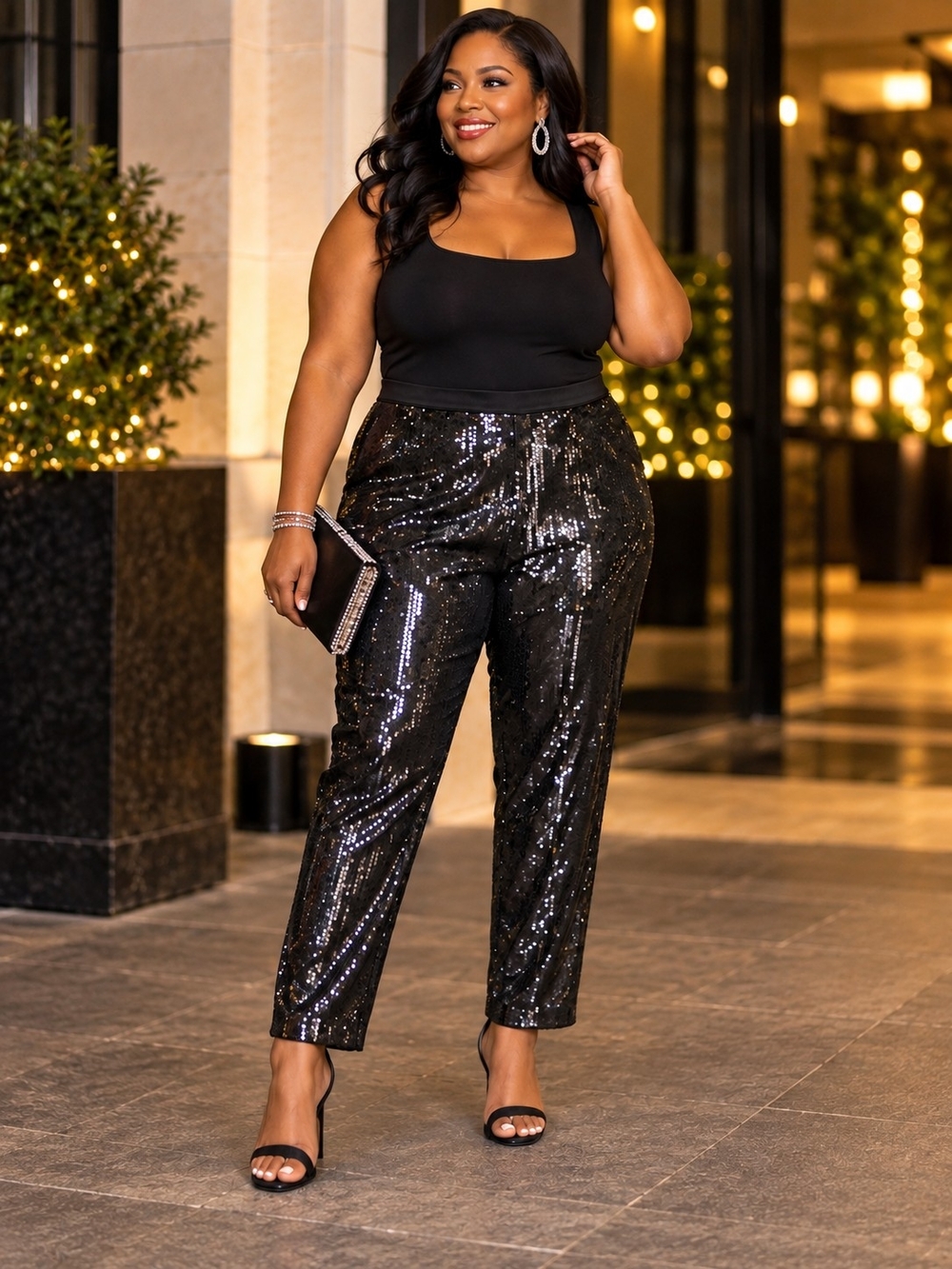 NWT Joan Vass 1X Black Sequin Sparkle Pull On Party Pants